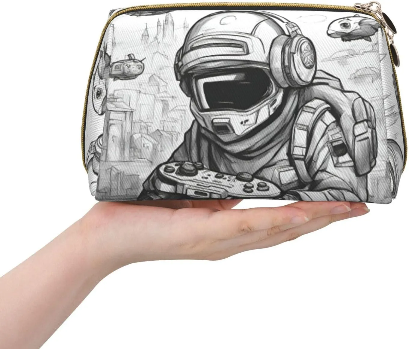 Monochrome Sketch Style Gaming Toiletry Pouch, Travel-Friendly Makeup Organizer For Makeup Brushes, Lipsticks