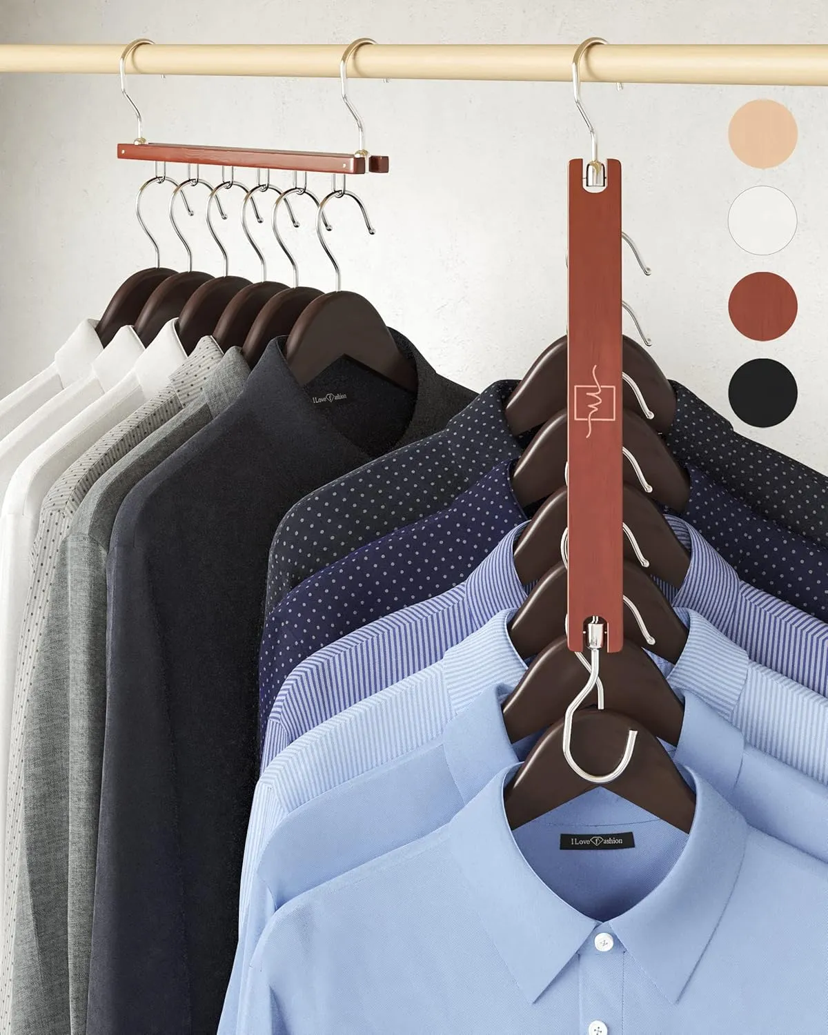 MORALVE Space Saving Hangers for Closet - 4 Pack European Beechwood Shirt Organizer with 360° Swivel Hook - Collapsible Clothes Hangers for Space Saving and Closet Organization