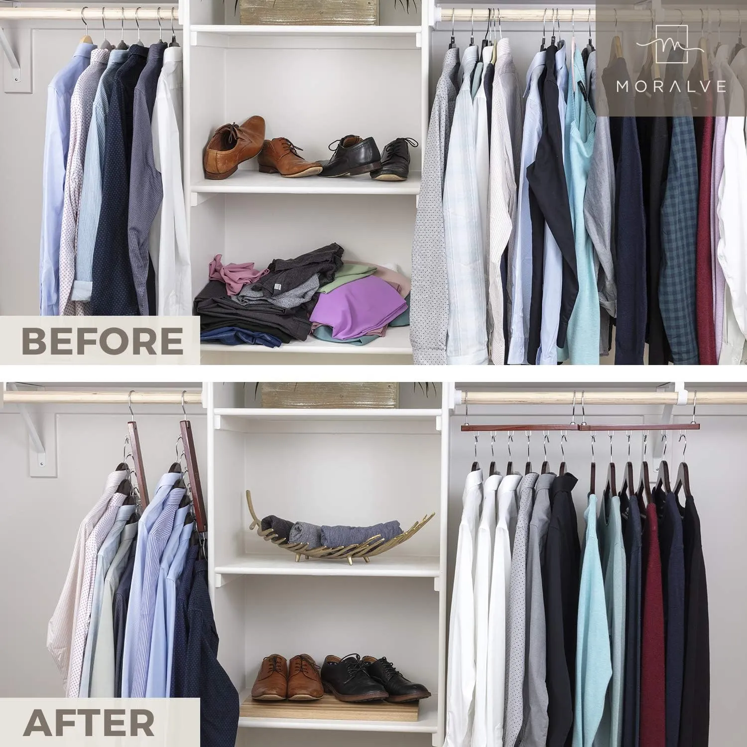 MORALVE Space Saving Hangers for Closet - 4 Pack European Beechwood Shirt Organizer with 360° Swivel Hook - Collapsible Clothes Hangers for Space Saving and Closet Organization