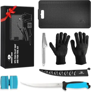 MOSSY OAK Fish Fillet Knife Set, 5 PCS Fish Cleaning Kit Includes 7" Fishing Knife, Non-Slip Fish Fillet Mat, Knife Sharpener, Fish Scaler Remover and Cut Resistant Gloves, Fishing Accessories Gifts