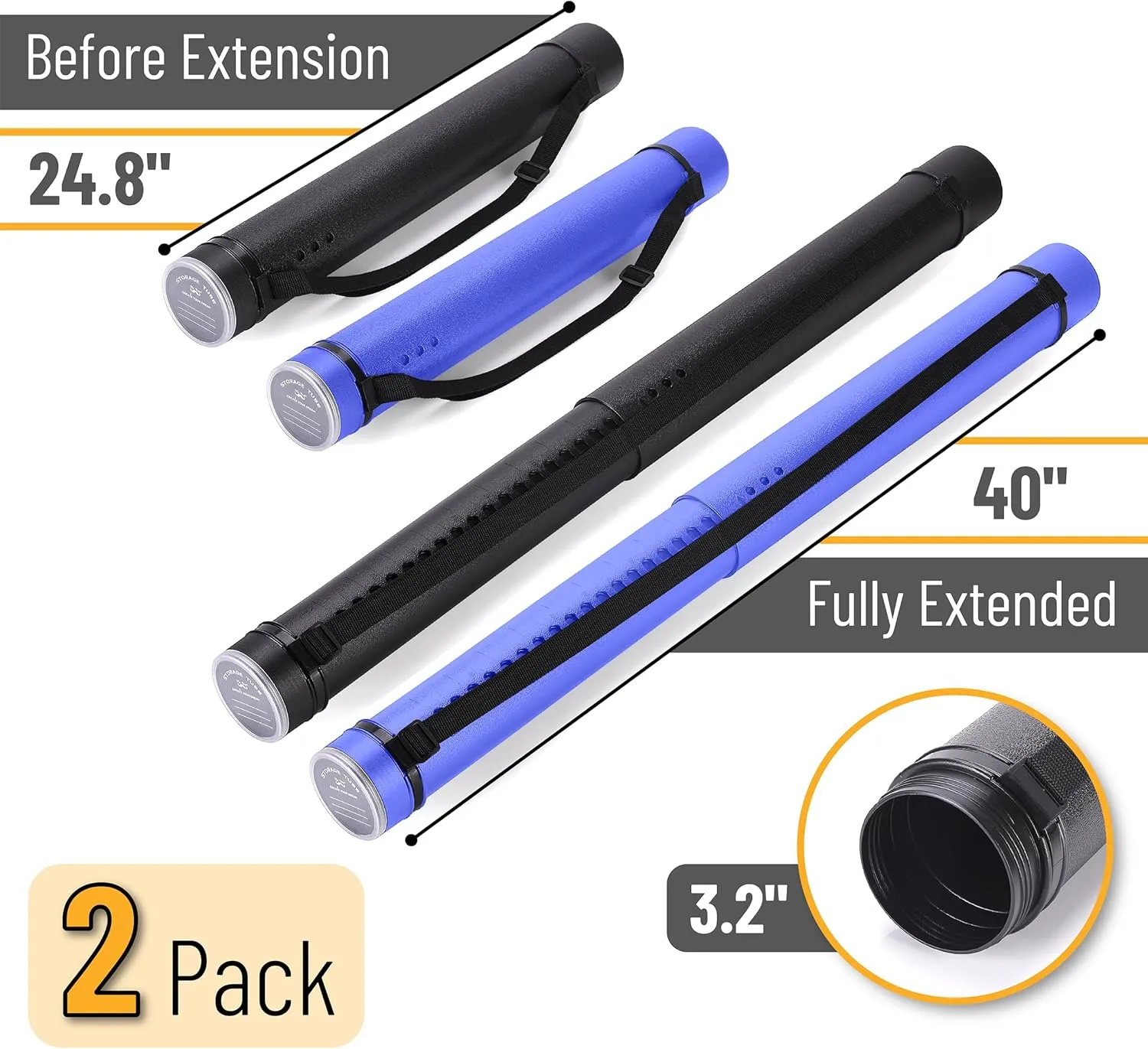 Mr. Pen- Poster Tube, 2 Pack, Black and Blue, Extendable Poster Tube with Strap, Poster Carrying Case, Telescoping Tube, Art & Poster Transport Tubes, Poster Tubes for Storage, Poster Holder Tube