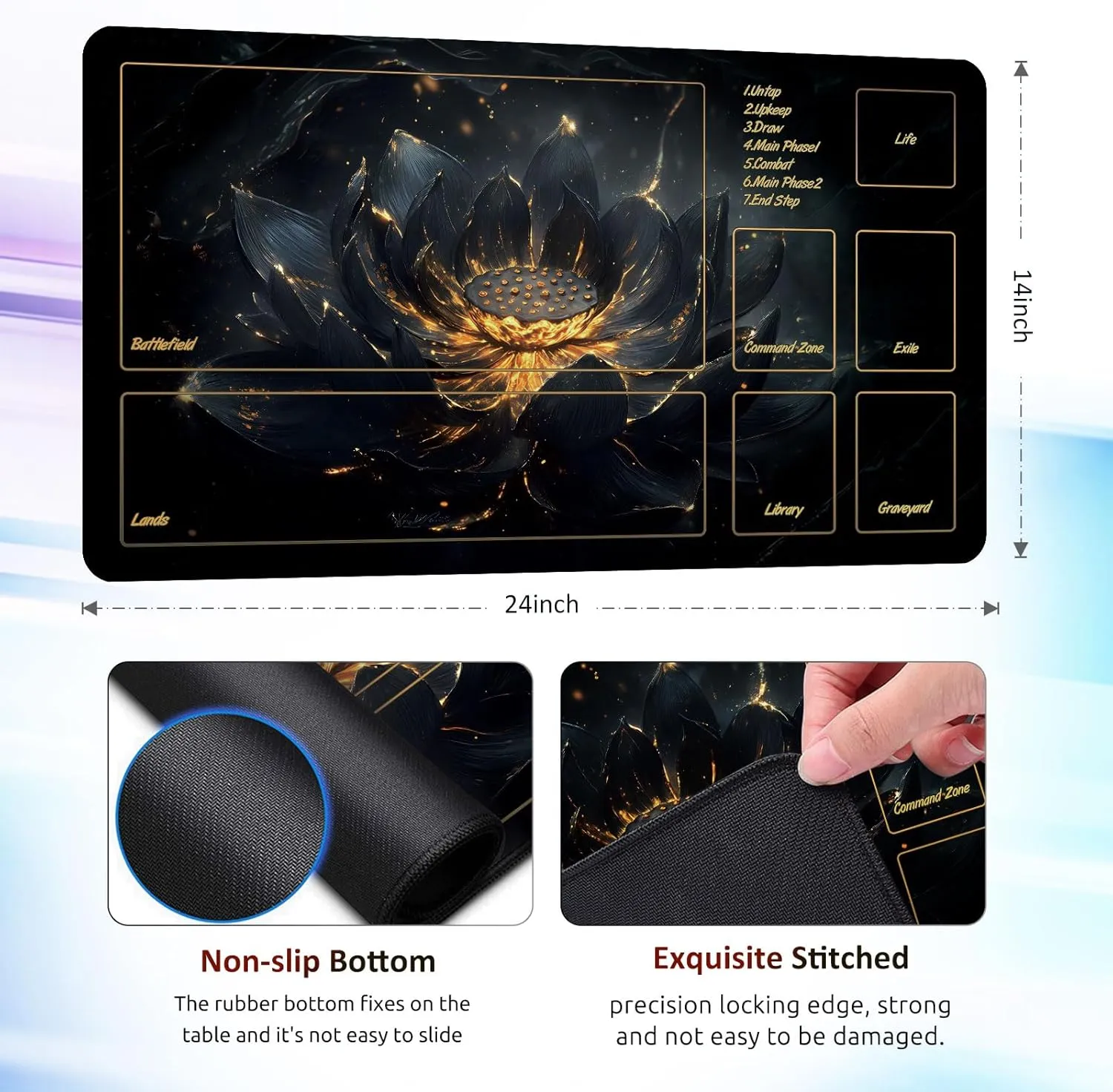 MTG Mat TCG DND Playmat with Storage Bag & 7 Dice | Waterproof Non-Slip Surface | Premium Edge-Locking Design | Play Mat with Zones for Magic Playmat Gaming Mat (Black Lotus 2)