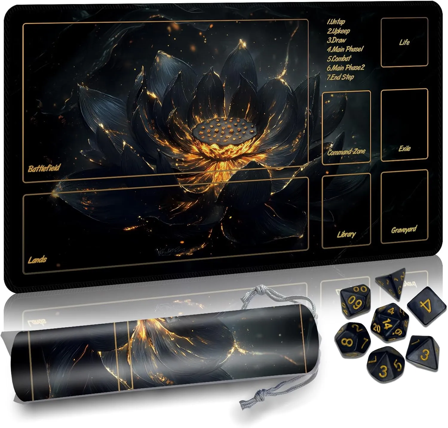 MTG Mat TCG DND Playmat with Storage Bag & 7 Dice | Waterproof Non-Slip Surface | Premium Edge-Locking Design | Play Mat with Zones for Magic Playmat Gaming Mat (Black Lotus 2)