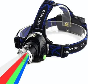 Multicolor Headlamp Flashlight 1000 Lumen Waterproof Zoomable Led Headlight with White Red Green Blue Light