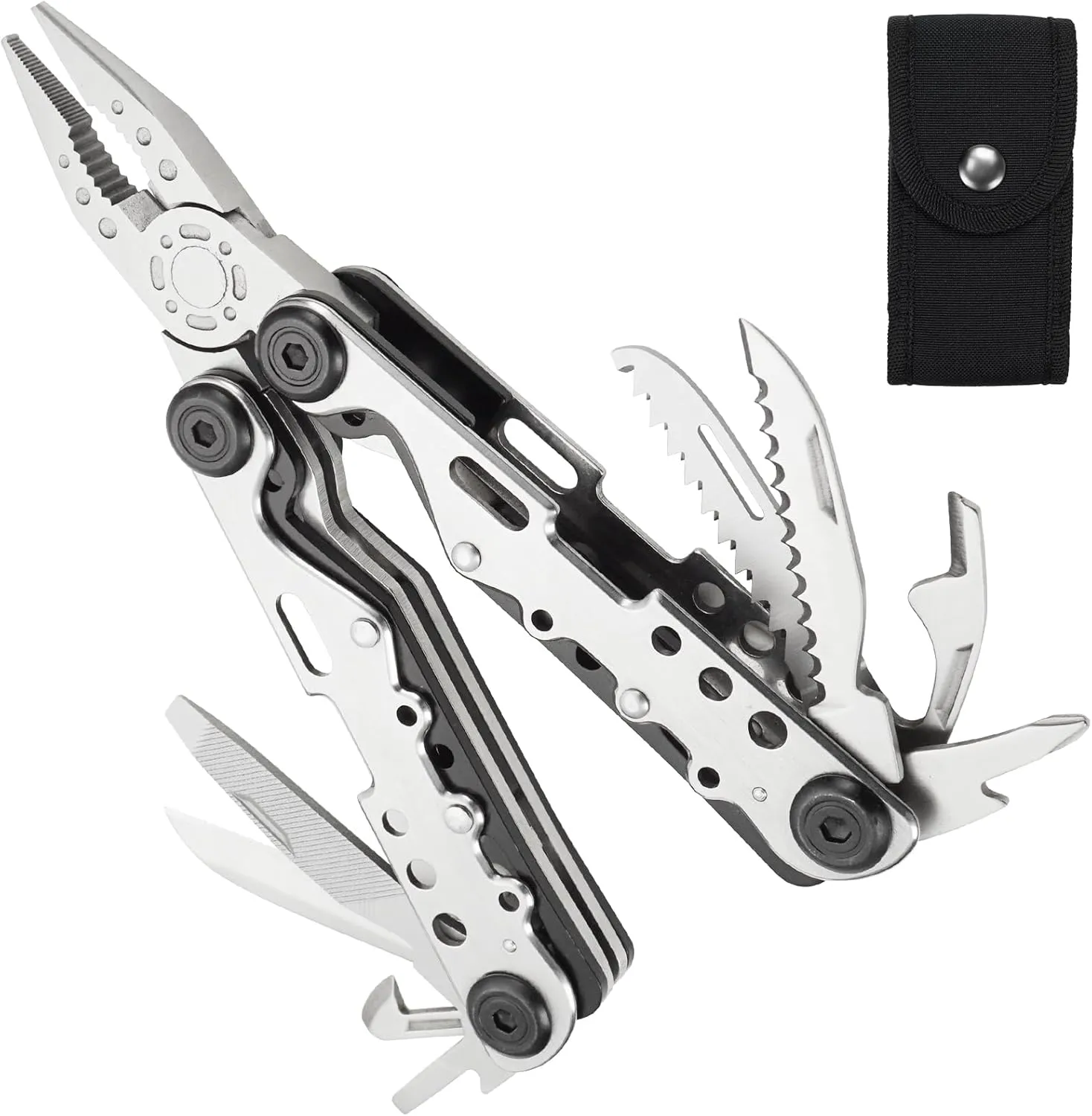 Multitool,13-in-1 Multitools Pliers with Nylon Sheath,Professional Stainless Steel Multi-Tool for Outdoor,Survival,Camping,Hiking,Simple Repair(13 in 1-Natural)