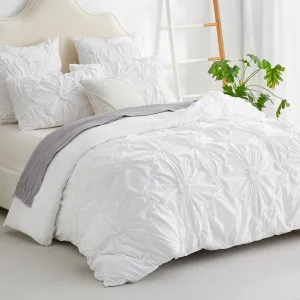 Nayoroom White Pintuck Duvet Cover Queen Size Boho Floral Pinch Pleated Textured Comforter Cover 3 Pcs Soft Washed Microfiber Shabby Chic Aesthetic Bedding Set with Zipper Closure