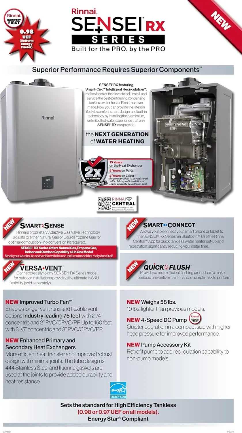 NEW Rinnai RX130iN Condensing Smart Sense Natural Gas or Propane Tankless Water Heater, Indoor or Outdoor Water Heater, Up to 7.1 GPM, 130,000 BTU