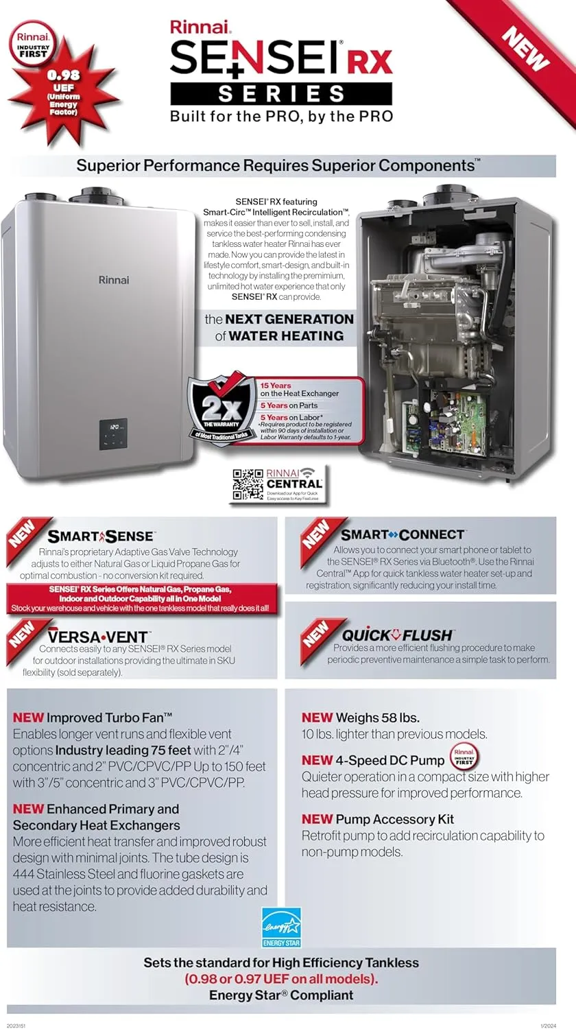 NEW Rinnai RX160iN Condensing Smart Sense Natural Gas or Propane Tankless Water Heater, Indoor or Outdoor Water Heater, Up to 9 GPM, 160,000 BTU