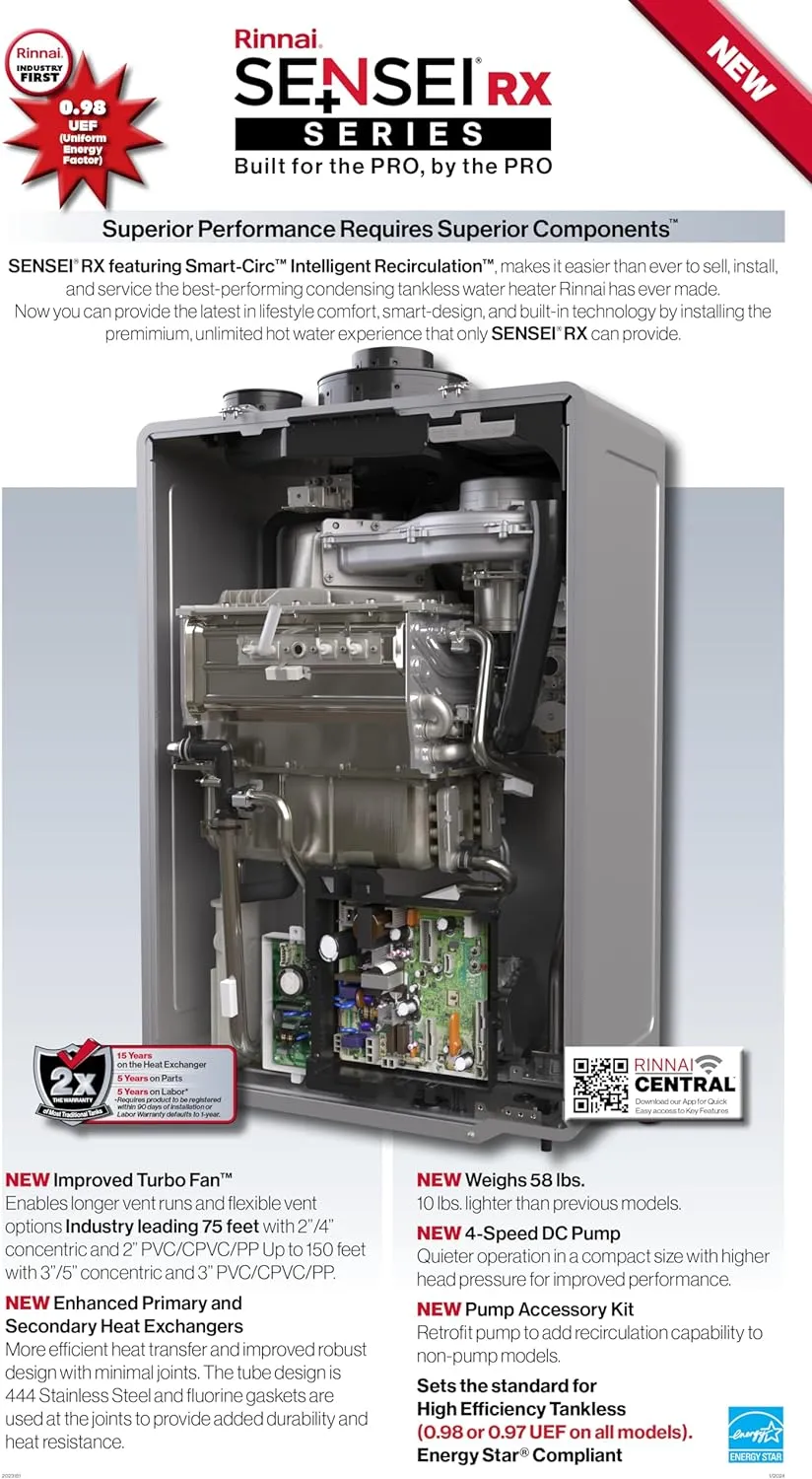 NEW Rinnai RX180iN Condensing Smart Sense Natural Gas or Propane Tankless Water Heater, Indoor or Outdoor Water Heater, Up to 10 GPM, 180,000 BTU