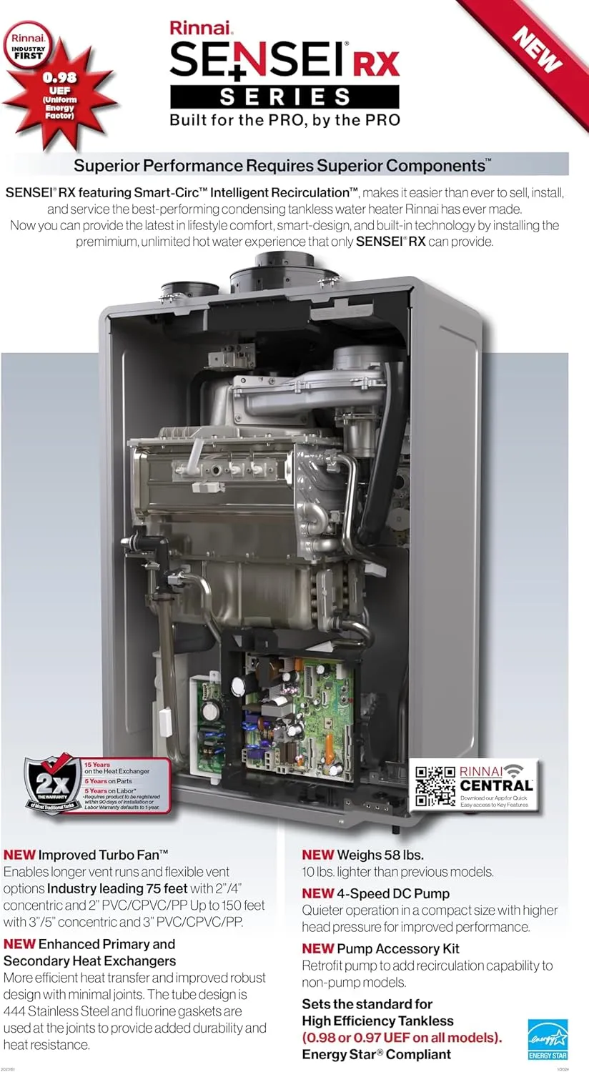 NEW Rinnai RXP160iN Condensing Smart Sense Natural Gas or Propane Tankless Water Heater, Indoor or Outdoor Water Heater, Up to 9 GPM, 160,000 BTU