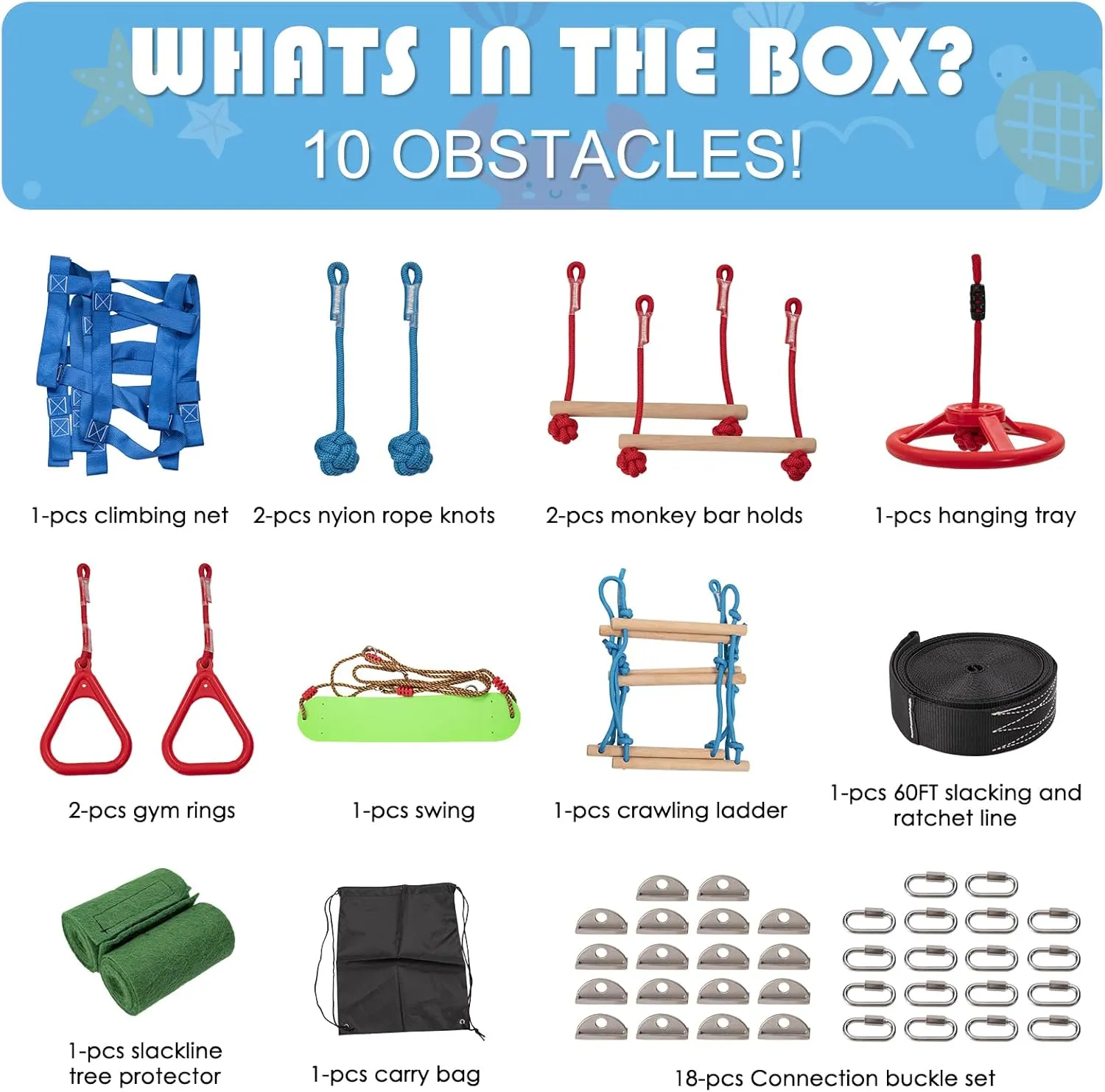 Ninja Warrior Obstacle Course for Kids - 10 Outdoor Warrior Obstacles with 65FT Slackline Kit, Monkey Bars, Climbing Net, Swing, Trapeze, Rope Ladder