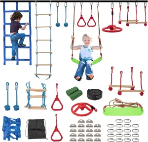 Ninja Warrior Obstacle Course for Kids - 10 Outdoor Warrior Obstacles with 65FT Slackline Kit, Monkey Bars, Climbing Net, Swing, Trapeze, Rope Ladder