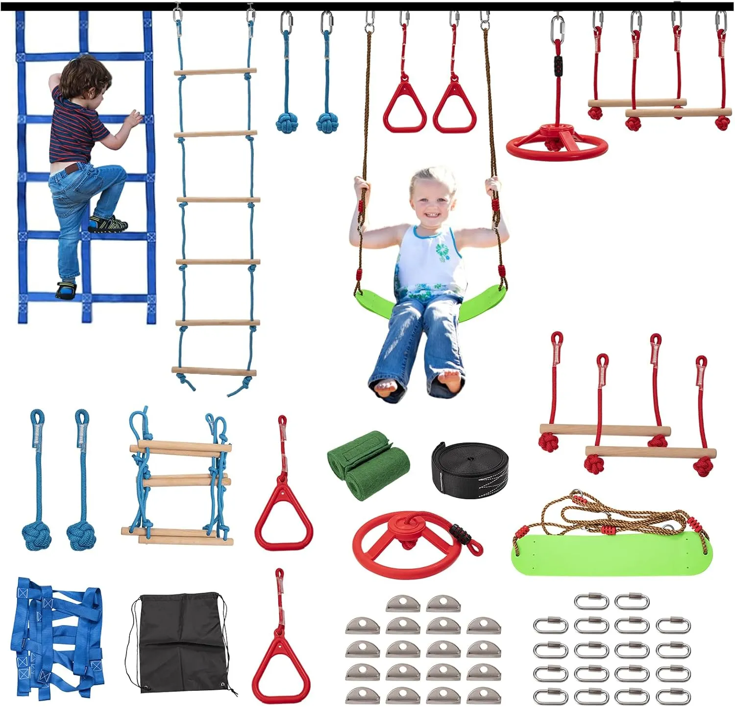 Ninja Warrior Obstacle Course for Kids - 10 Outdoor Warrior Obstacles with 65FT Slackline Kit, Monkey Bars, Climbing Net, Swing, Trapeze, Rope Ladder