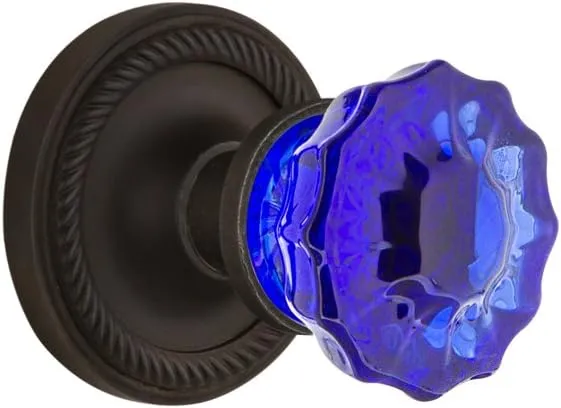 Nostalgic Warehouse 721070 Rope Rosette Crystal Cobalt Glass Door Knob in Oil-Rubbed Bronze, Passage 2.375