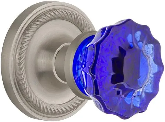 Nostalgic Warehouse 721076 Rope Rosette Passage Crystal Cobalt Glass Door Knob in Satin Nickel, 2.375
