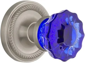 Nostalgic Warehouse 721076 Rope Rosette Passage Crystal Cobalt Glass Door Knob in Satin Nickel, 2.375