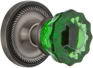 Nostalgic Warehouse 724970 Rope Rosette Crystal Emerald Glass Door Knob in Antique Pewter, Privacy 2.75