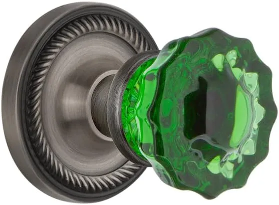 Nostalgic Warehouse 724970 Rope Rosette Crystal Emerald Glass Door Knob in Antique Pewter, Privacy 2.75