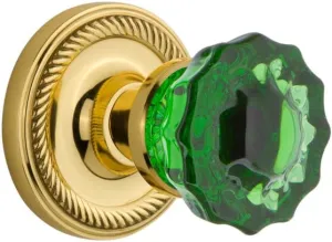 Nostalgic Warehouse 724979 Rope Rosette Privacy Crystal Emerald Glass Door Knob in Polished Brass, 2.75