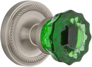 Nostalgic Warehouse 724982 Rope Rosette Privacy Crystal Emerald Glass Door Knob in Satin Nickel, 2.75