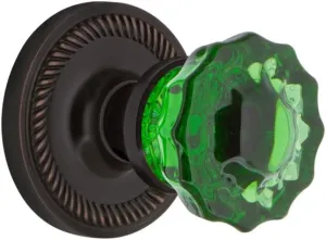 Nostalgic Warehouse 724985 Rope Rosette Privacy Crystal Emerald Glass Door Knob in Timeless Bronze, 2.75
