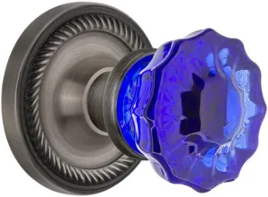 Nostalgic Warehouse Antique Pewter, 721040 Rope Rosette Crystal Cobalt Glass Door Knob, Passage 2.375