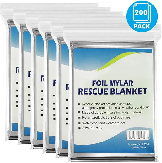 NOVAMEDIC Emergency Foil Mylar Thermal Blankets - Pack of 200, 84"x52", Individually Wrapped, Waterproof Survival Blanket for Camping, Outdoors, First Aid Kit & Travel, Lightweight & Compact, Silver