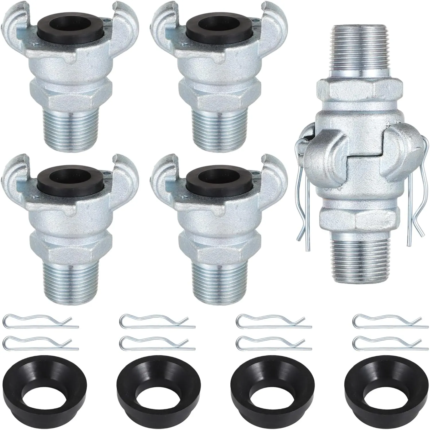 NPT Iron Air Hose Fittings, 4 Sets 3/4" Male End Chicago Fitting, Universal Hose Coupling, Air Hose Fitting Set with Safety Clips & Spare Rubber Gaskets, Carbon Steel Leakproof Air Hose Coupler