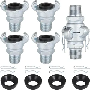 NPT Iron Air Hose Fittings, 4 Sets 3/4" Male End Chicago Fitting, Universal Hose Coupling, Air Hose Fitting Set with Safety Clips & Spare Rubber Gaskets, Carbon Steel Leakproof Air Hose Coupler