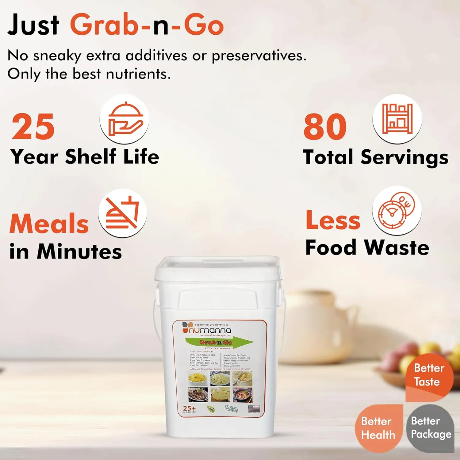 Numanna Triple Grab-n-Go Bucket 240 Servings GMO Free, No Added Preservatives Easy to Prepare Emergency Food Storage Bucket Family Meat Survival Pack Made in USA 25  Year Shelf Life