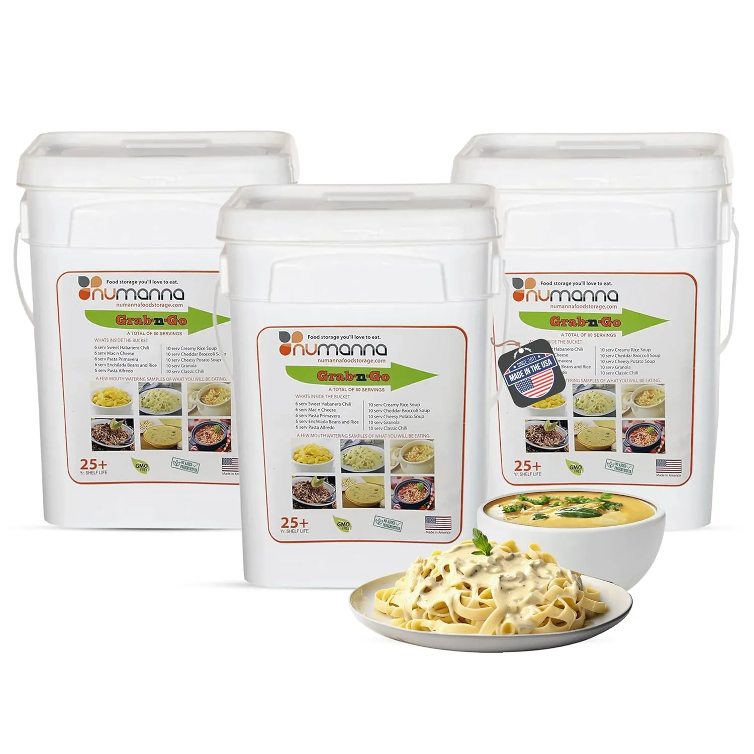 Numanna Triple Grab-n-Go Bucket 240 Servings GMO Free, No Added Preservatives Easy to Prepare Emergency Food Storage Bucket Family Meat Survival Pack Made in USA 25  Year Shelf Life