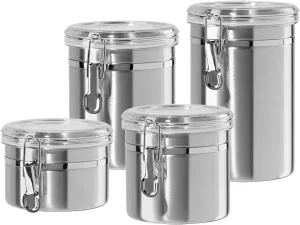 Oggi Stainless Steel Canister Set 4pc w/ Airtight Acrylic Lid & Clamp