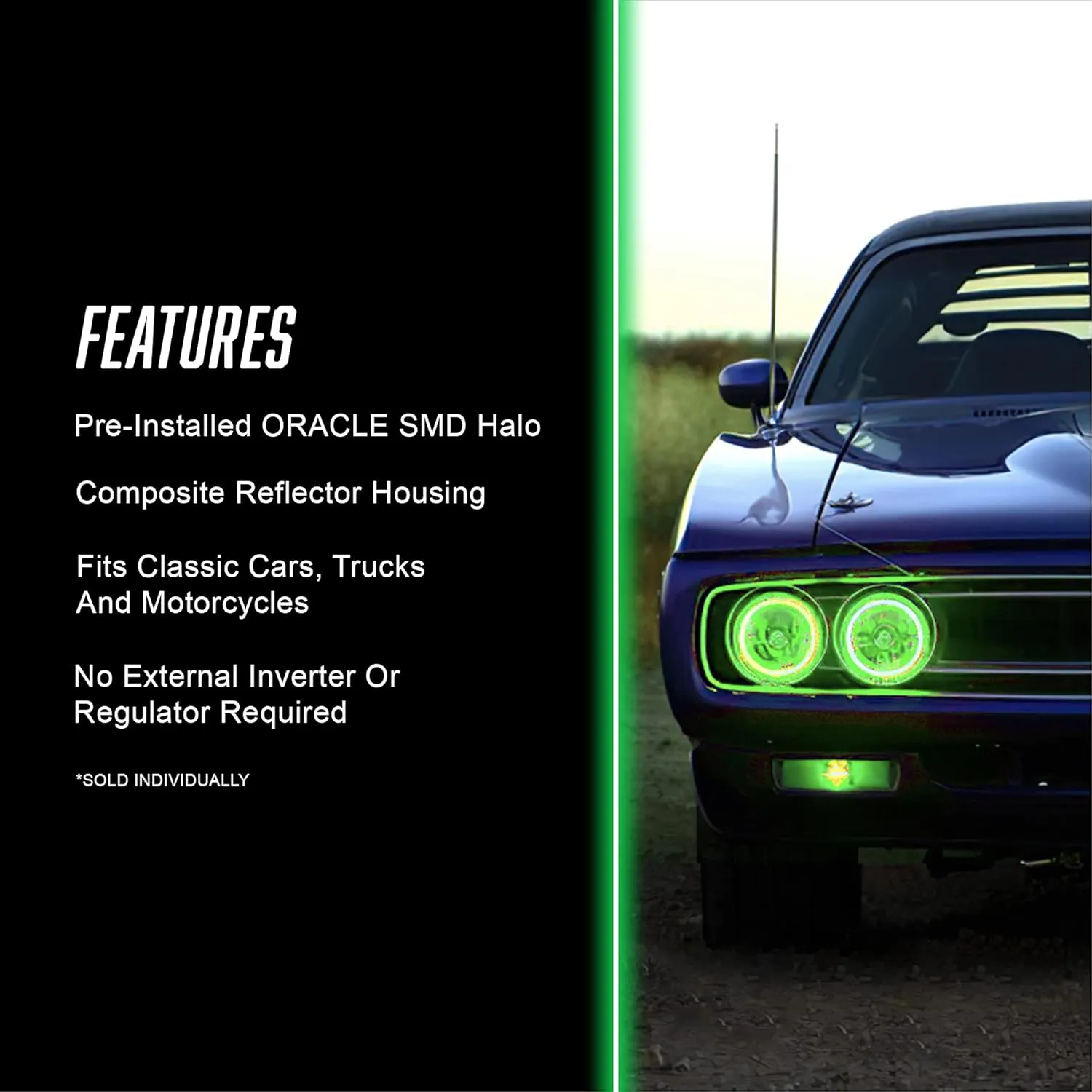 ORACLE LIGHTING Sealed Beam Halo Headlamp – (Green) 5.75" Pre-Installed Headlight Assembly, 1-Piece, Part # 6904-004