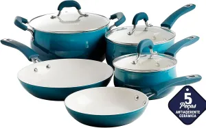 Oster Corbett 8 pc Gradient Teal Forged Aluminum Cookware Set With Ceramic Non-stick - Induction Base - Soft Touch Bakelite Handle and Tempered Glass Lids