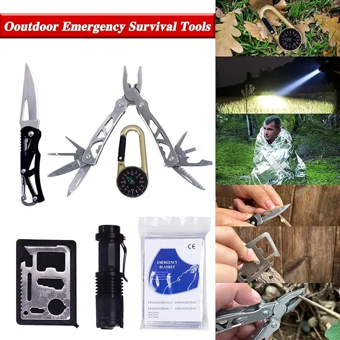 Outdoor Emergency Survival Kit, Survival Gear Complete, Wild Gear Kit with Fishing Tools, Flint, Blanket, Flashlight Great Gift for Climbing Camping Hiking Hunting Fishing