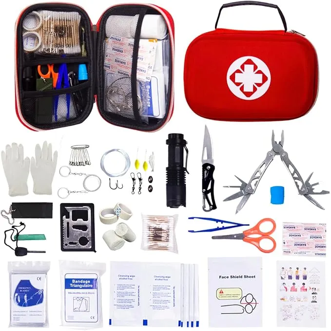Outdoor Emergency Survival Kit, Survival Gear Complete, Wild Gear Kit with Fishing Tools, Flint, Blanket, Flashlight Great Gift for Climbing Camping Hiking Hunting Fishing