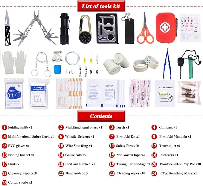 Outdoor Emergency Survival Kit, Survival Gear Complete, Wild Gear Kit with Fishing Tools, Flint, Blanket, Flashlight Great Gift for Climbing Camping Hiking Hunting Fishing