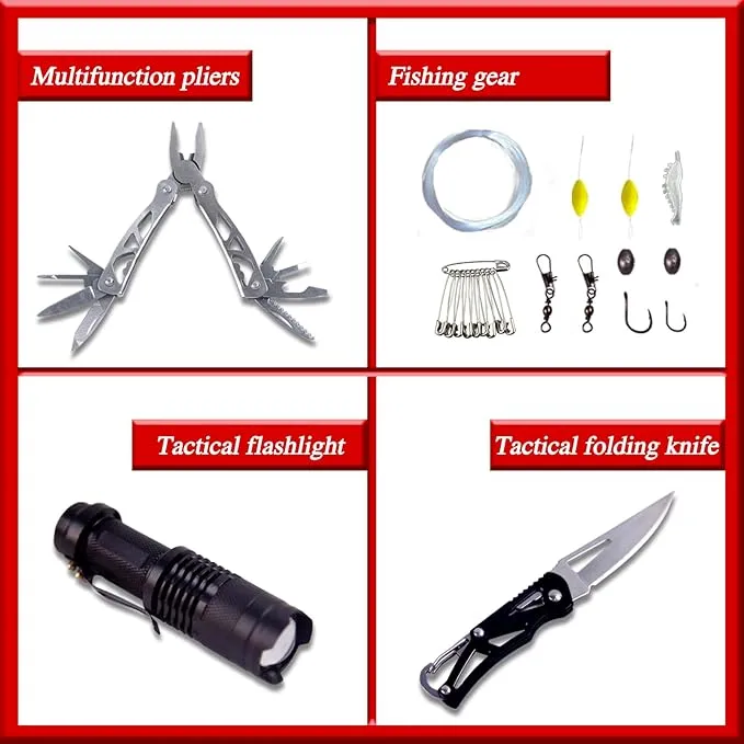 Outdoor Emergency Survival Kit, Survival Gear Complete, Wild Gear Kit with Fishing Tools, Flint, Blanket, Flashlight Great Gift for Climbing Camping Hiking Hunting Fishing