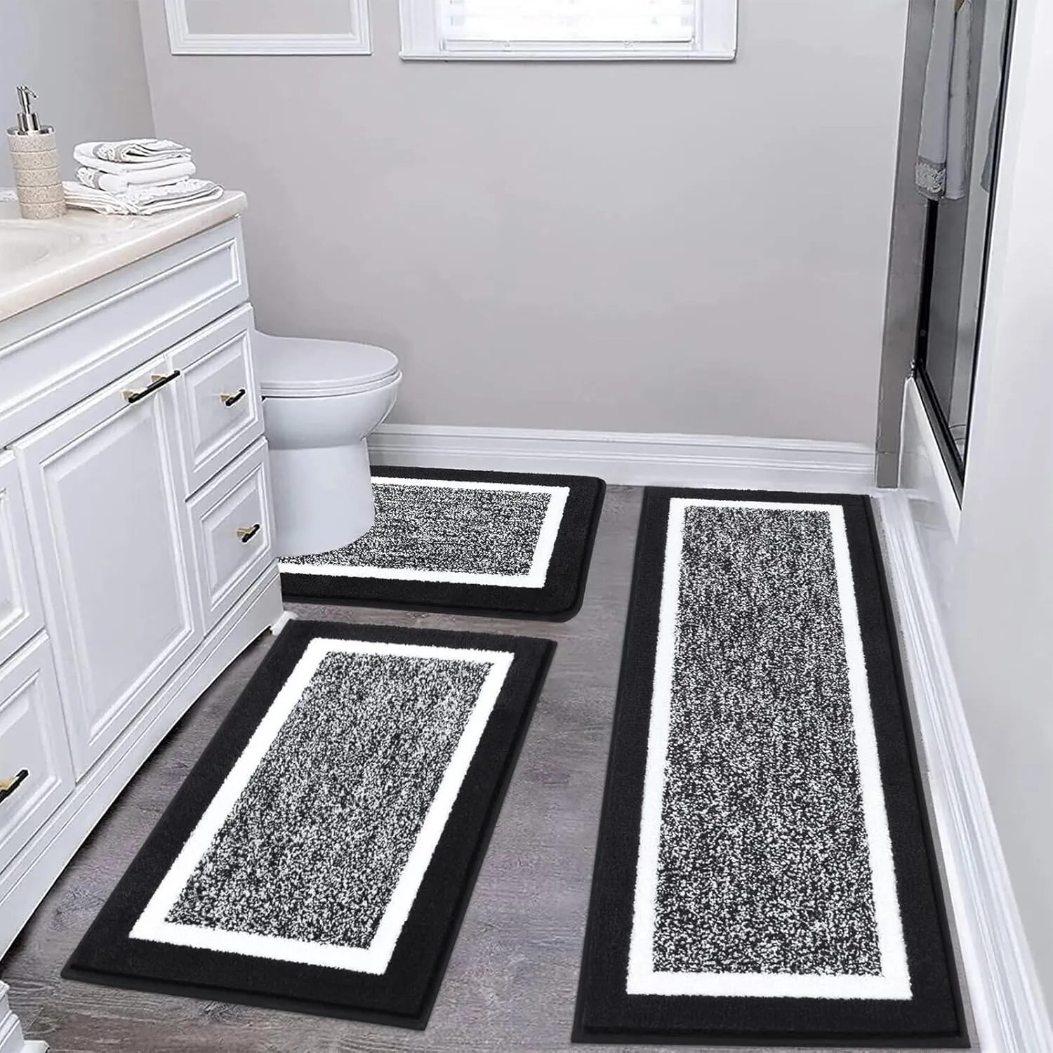 Pauwer Bathroom Rug Set - 3 Piece Shower Mats with U-Shaped Contour Toilet Mat, Absorbent Microfiber Plush Bath Mats, Non Slip, Machine Washable Shaggy Floor Mats