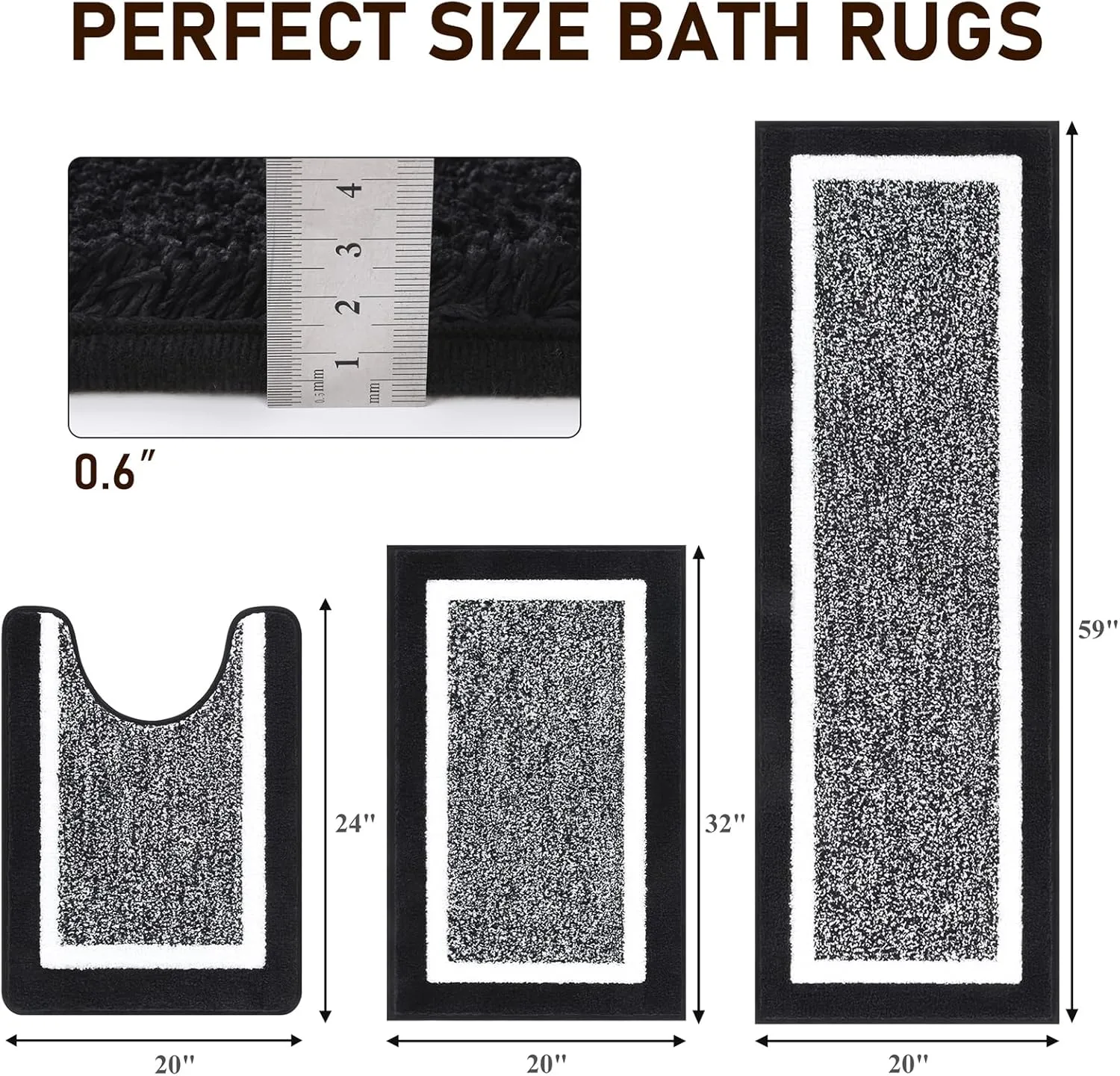 Pauwer Bathroom Rug Set - 3 Piece Shower Mats with U-Shaped Contour Toilet Mat, Absorbent Microfiber Plush Bath Mats, Non Slip, Machine Washable Shaggy Floor Mats