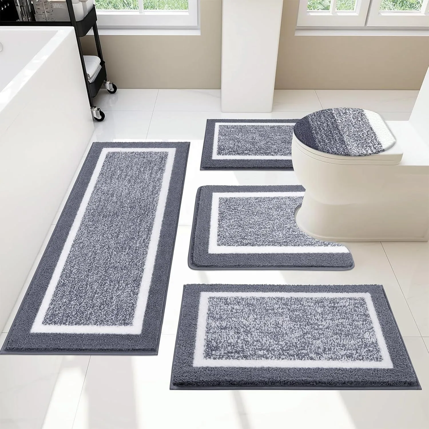 Pauwer Bathroom Rug Set - 5 Piece with Lid Cover, U-Shaped Contour Toilet Mat, Absorbent Microfiber Plush Bath Mats, Non Slip, Machine Washable
