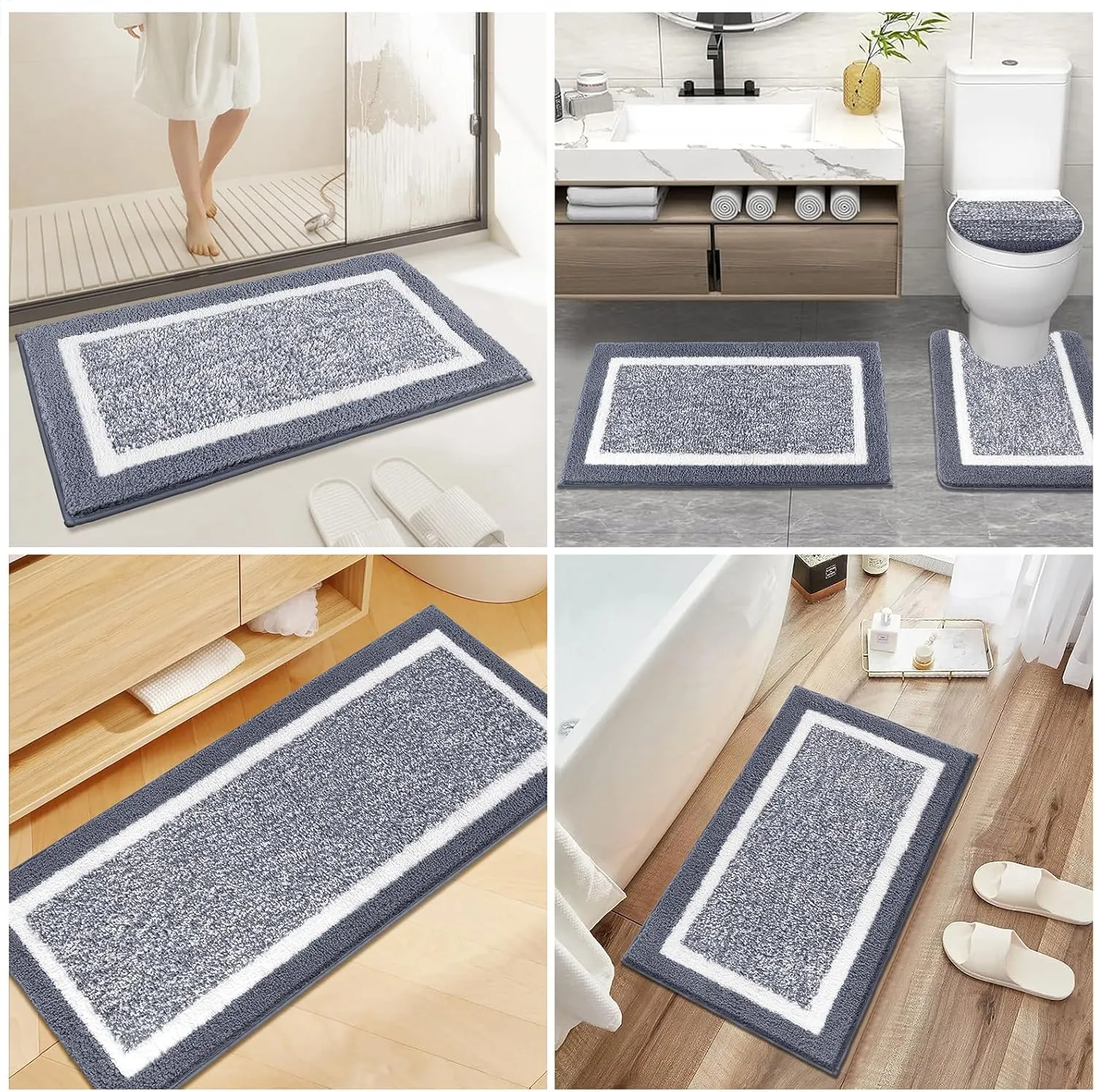 Pauwer Bathroom Rug Set - 5 Piece with Lid Cover, U-Shaped Contour Toilet Mat, Absorbent Microfiber Plush Bath Mats, Non Slip, Machine Washable