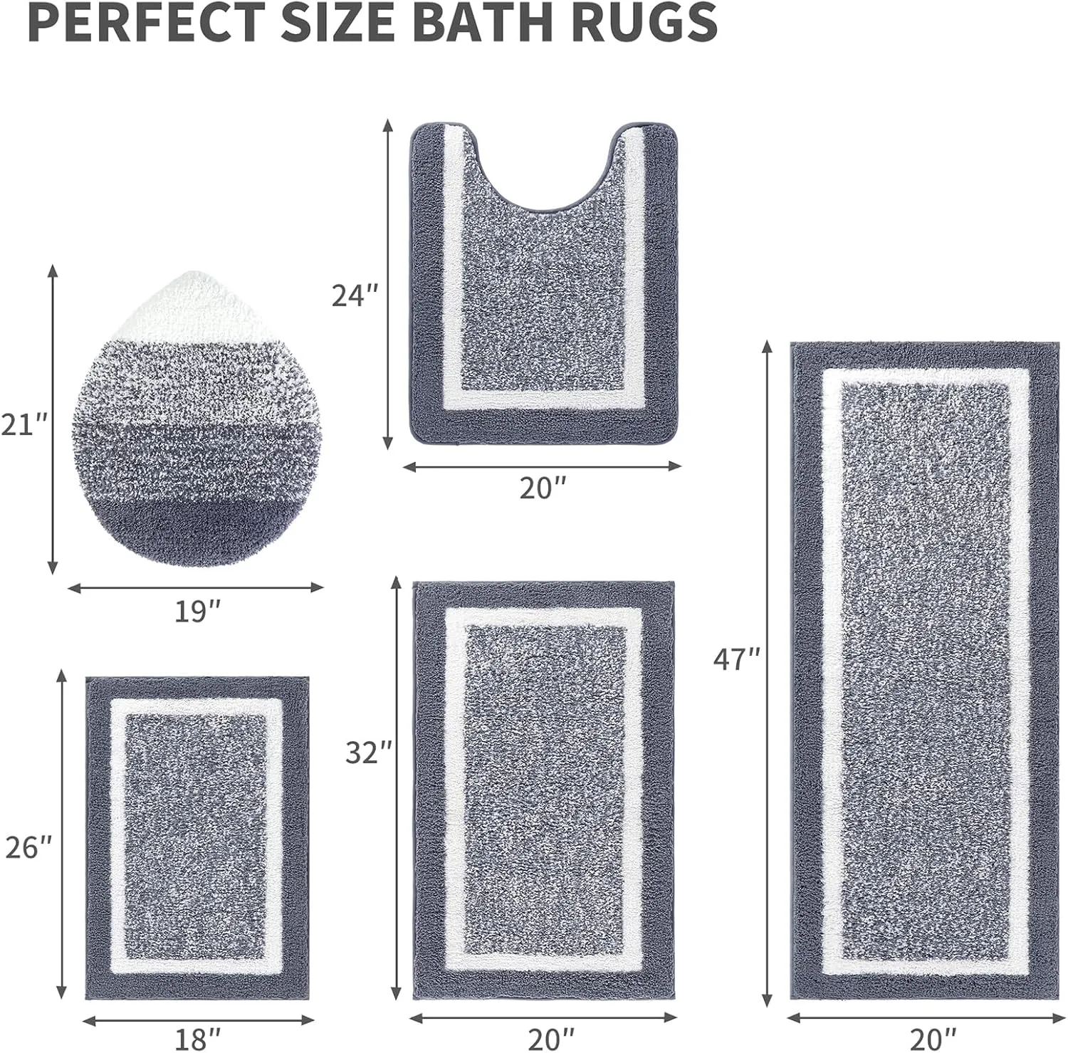 Pauwer Bathroom Rug Set - 5 Piece with Lid Cover, U-Shaped Contour Toilet Mat, Absorbent Microfiber Plush Bath Mats, Non Slip, Machine Washable