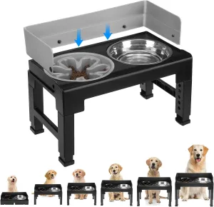 PAWCHIE Elevated Dog Bowls,Mess Proof Feeder for Large Dogs,6 Height Adjustable Raised Dog Bowl Stand with Slow Bowls & Water Bowl, No Spill, Non-Slip Tiltable Pet Feeder Stand Grey