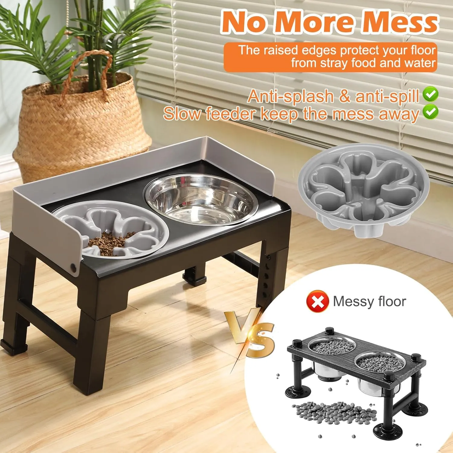 PAWCHIE Elevated Dog Bowls,Mess Proof Feeder for Large Dogs,6 Height Adjustable Raised Dog Bowl Stand with Slow Bowls & Water Bowl, No Spill, Non-Slip Tiltable Pet Feeder Stand Grey