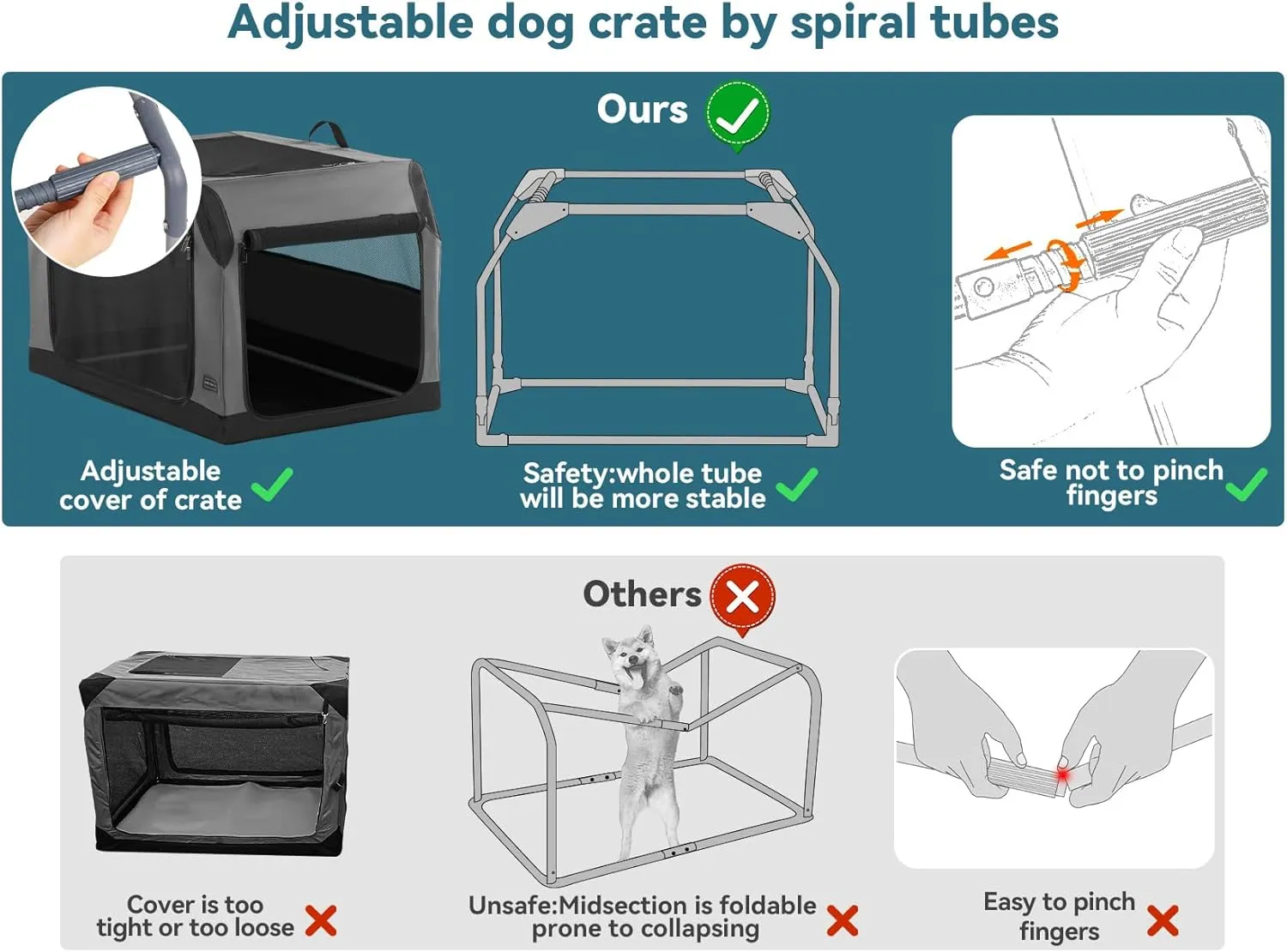 PETSFIT Dog Travel Crate, Soft Sided Dog Crate - 36 Inch Sturdy Adjustable Structure, Easy to Set Up, Collapsible Dog Crate for Car, Light Tough with 3 Mesh Doors Gray