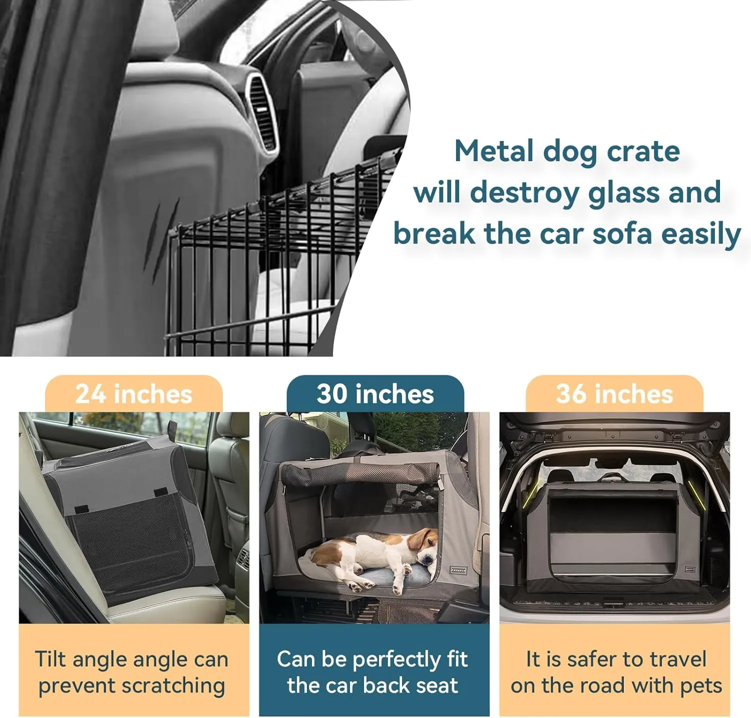 PETSFIT Dog Travel Crate, Soft Sided Dog Crate - 36 Inch Sturdy Adjustable Structure, Easy to Set Up, Collapsible Dog Crate for Car, Light Tough with 3 Mesh Doors Gray