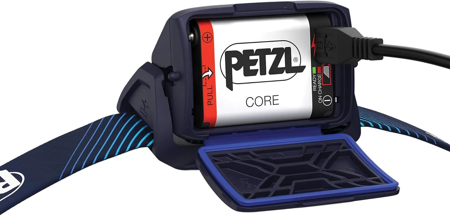 PETZL ACTIK CORE Headlamp - Powerful, Rechargeable 600 Lumen Light with Red Lighting for Hiking, Climbing, and Camping - Blue