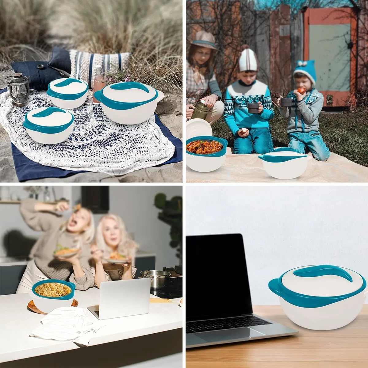 Pinnacle Serving Salad/ Soup Dish Bowl - Thermal Insulated Bowl with Lid -Great Bowl for Holiday, Dinner and Party ~ Set of 3 ~ Turquoise