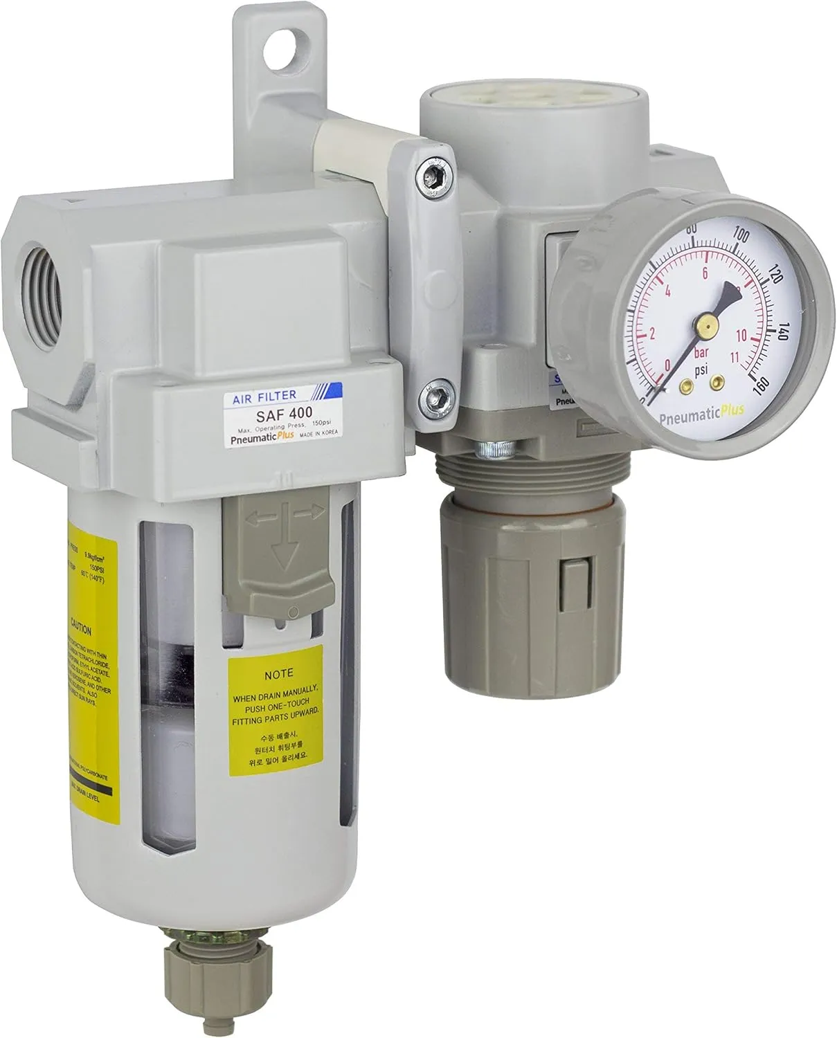 PneumaticPlus SAU420-N04G Compressed Air Filter Regulator Combo 1/2" NPT - Poly Bowl, Manual Drain, Bracket, Gauge